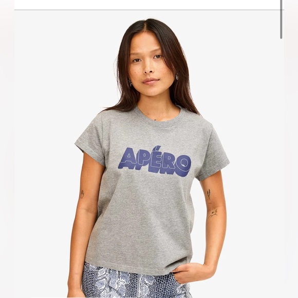 Clare V Tops - Clare V Gray 'APÉRO' Short Sleeve Tee with Blue Logo